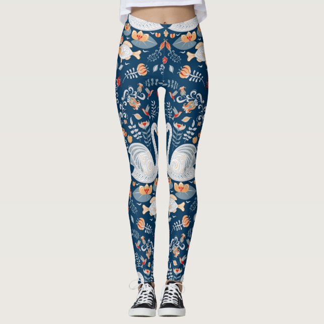 Leggings Cisnes, peces, flores, patrones folclóricos. (Anverso)