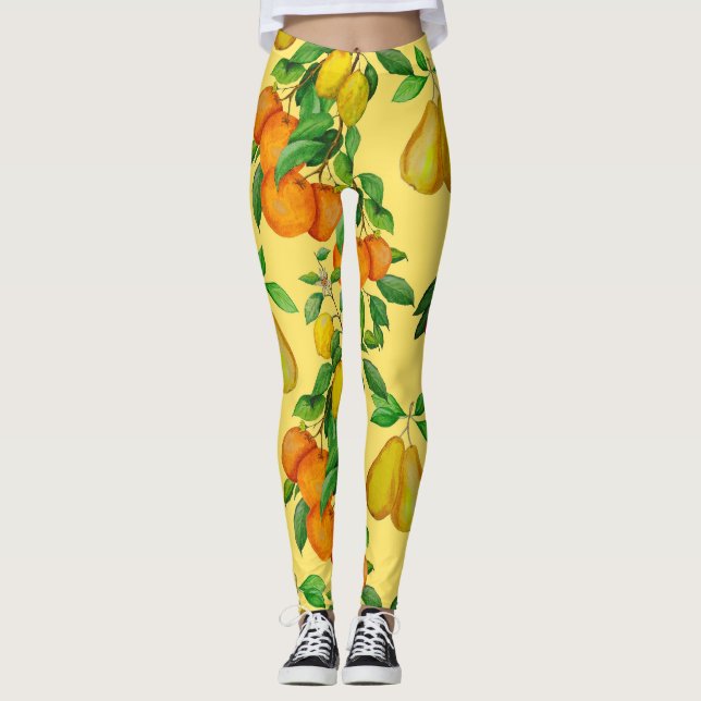 Leggings Citrus, pera, cereza: acuarela impresa. (Anverso)