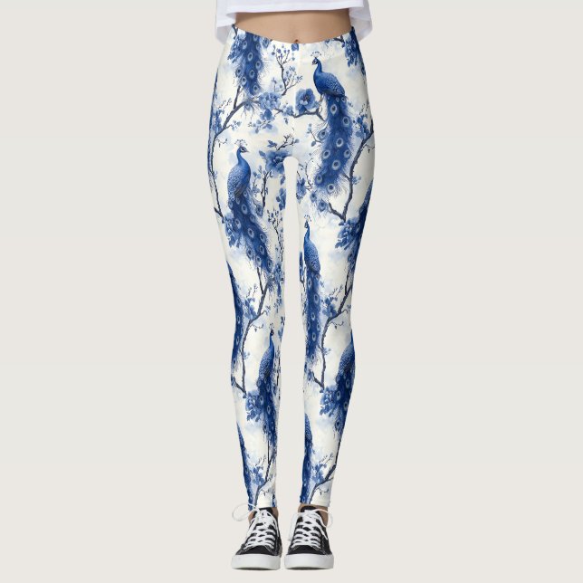 Leggings Clásico azul Chinoiserie Watercolor Pavo francés (Anverso)