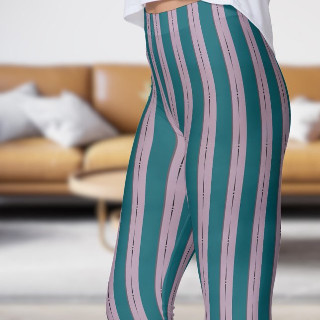 Leggings Clásico de las piernas del patrón de tiras Verde a (Classic Dark Teal and Pink Strip Pattern Leggings)