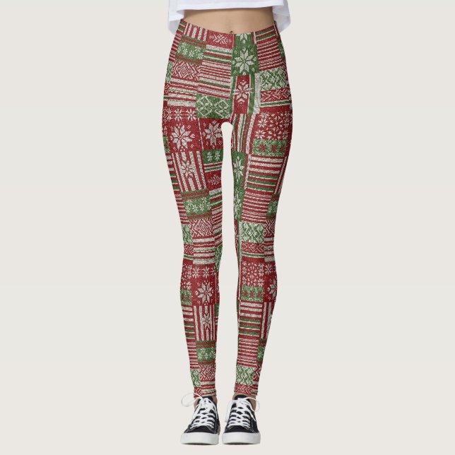 Leggings Clásico Patchwork de Punto de Navidad - Rojo, Verd (Anverso)