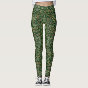 Leggings Clásico Retro Encantador Patrón Floral Hoja Verde