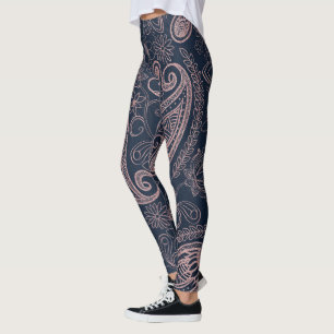 Leggings Clásico Rosa Azul Purpurina de oro Paisley Floral