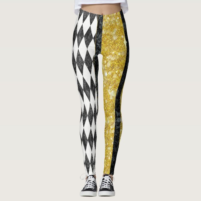 Leggings Classy Black White Gold Harlequin Diamond Argyle (Anverso)