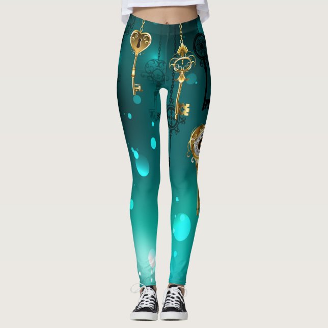 Leggings Claves de esqueleto antiguas sobre fondo verde (Anverso)