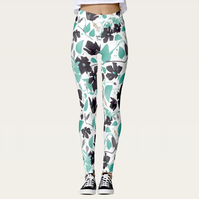 Leggings Clematis Vine Flora Gris Verde azulada acuarela (Clematis Vine Floral Gray Teal Watercolor Leggings from Studio Posies. )