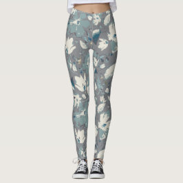 Leggings Clematis Vine Gray Blue Cream Watercolor Floral
