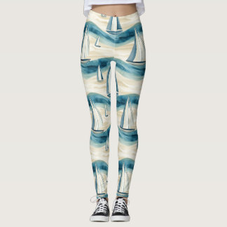 Leggings Coastal Sailboat Waves Nautical Pattern (1)