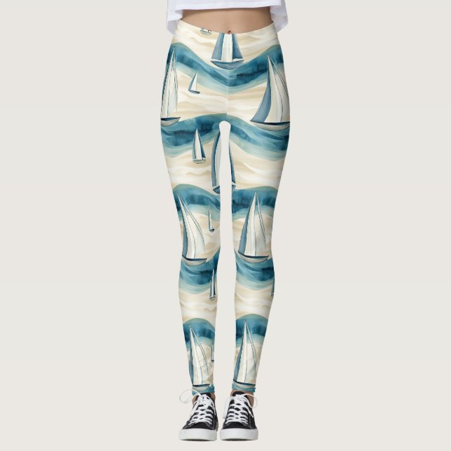 Leggings Coastal Sailboat Waves Nautical Pattern (1) (Anverso)