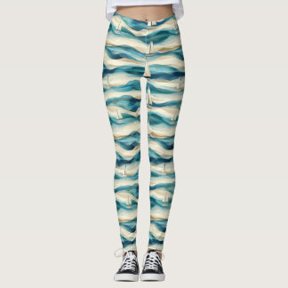 Leggings Coastal Sailboat Waves Nautical Pattern (2)