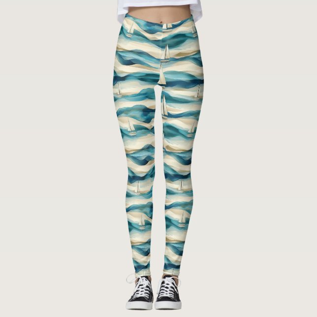 Leggings Coastal Sailboat Waves Nautical Pattern (2) (Anverso)