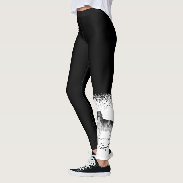 Leggings Cocker Spaniel en negro y blanco y texto personali (Izquierda)