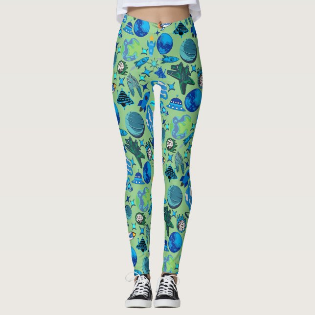 Leggings Cohetes Retro en el Espacio. Fondo Verde Claro (Anverso)