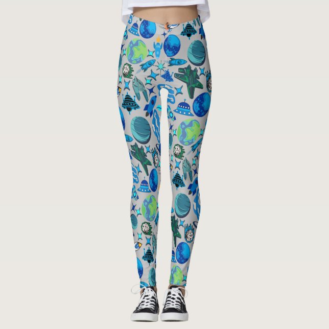 Leggings Cohetes retro en el espacio. L Gray BG (Anverso)