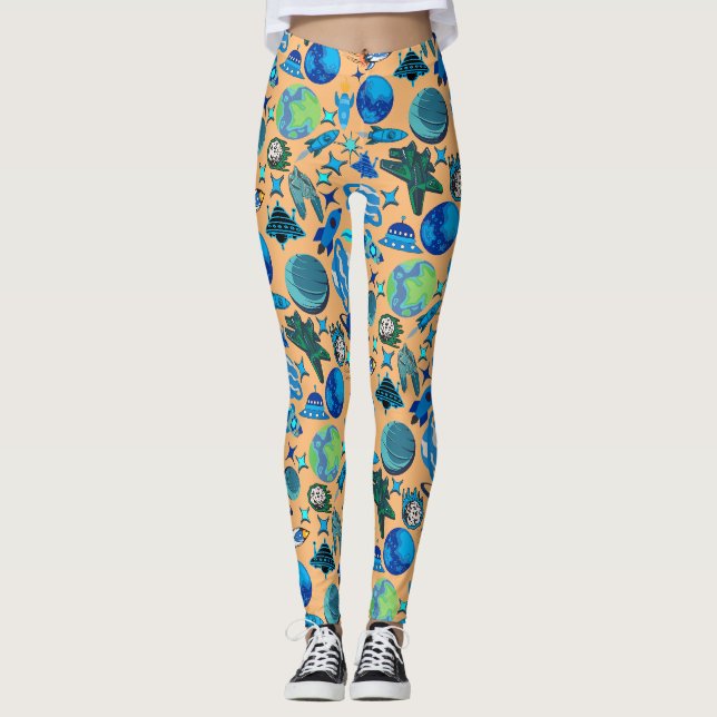 Leggings Cohetes retro en el espacio. L Naranja BG (Anverso)