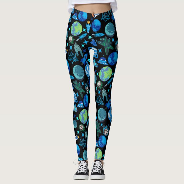 Leggings Cohetes retro en el espacio.Negro BG (Anverso)