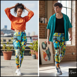 Leggings Colcha de arte popular azul eléctrico amarillo