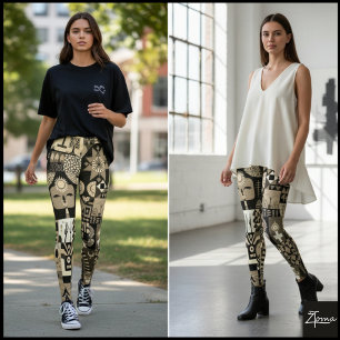 Leggings Colcha de arte popular geométrico abstracto sepia