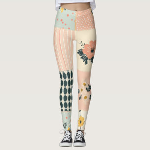 Leggings Colcha de patchwork floral de coral Cottagecore pa