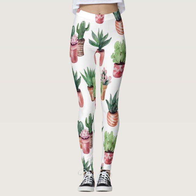 Leggings Colección de cactus en ollas, acuarela. (Anverso)