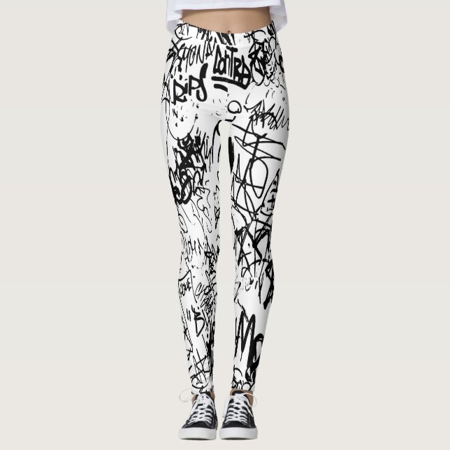 Leggings Collage abstracto de graffiti negro y blanco (Anverso)