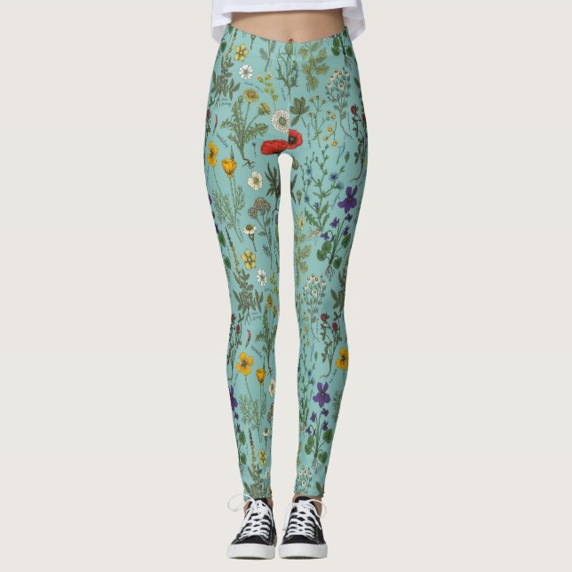 Leggings Collage de flores silvestres sobre azul (Anverso)