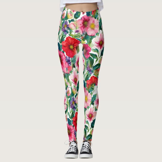 Leggings Collage, patrón de flores pintadas, acuarela 2 (Anverso)
