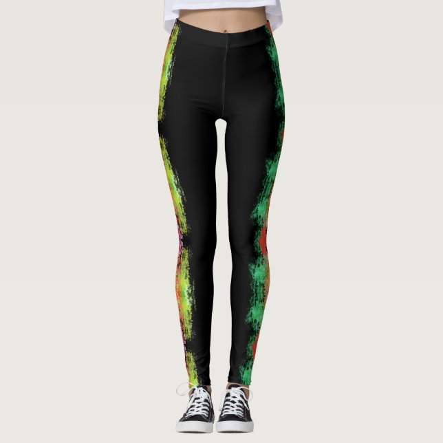 Leggings color abstracto salpicar diseño floral sobre negro (Anverso)