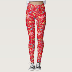 Leggings Color del agua Patrón floral 01.bw Rojo BG