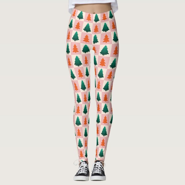 Leggings Color del agua verde rojo Merry Christmas Tree (Anverso)