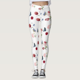 Leggings Color rojo y rosa Flor azul mariposa Patrón floral