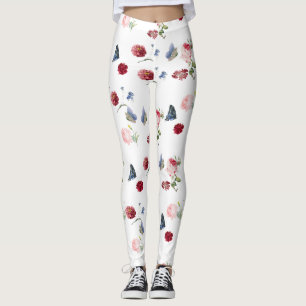 Leggings Color rojo y rosa Flor azul mariposa Patrón floral