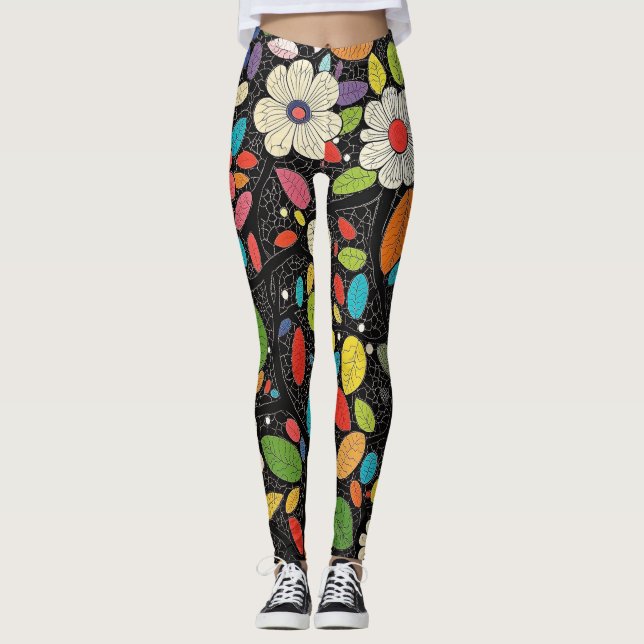 Leggings 🌼 Colorful Floral Pattern on Black - Bold & Vibra (Anverso)