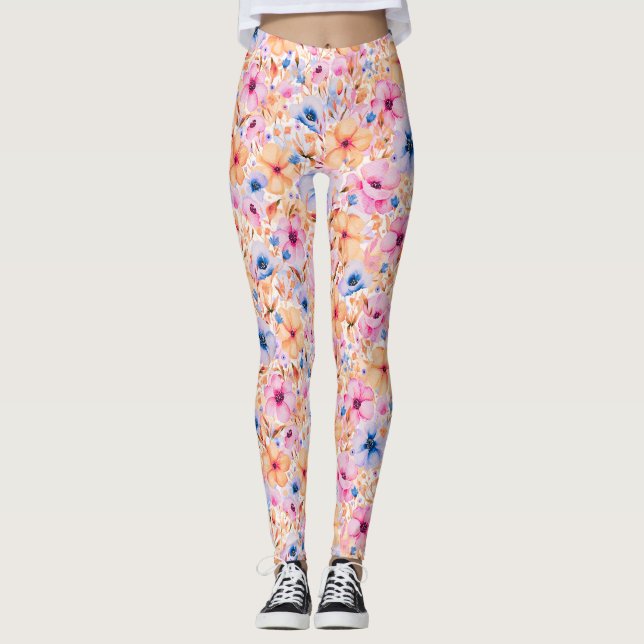 Leggings Colorful Watercolor Wildflowers Floral Pattern (Anverso)
