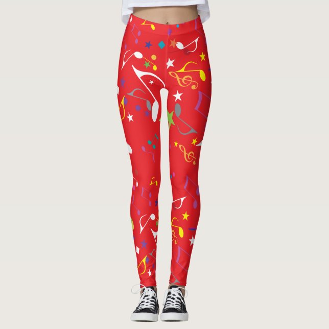 Leggings Coloridas notas musicales sobre el rojo (Anverso)