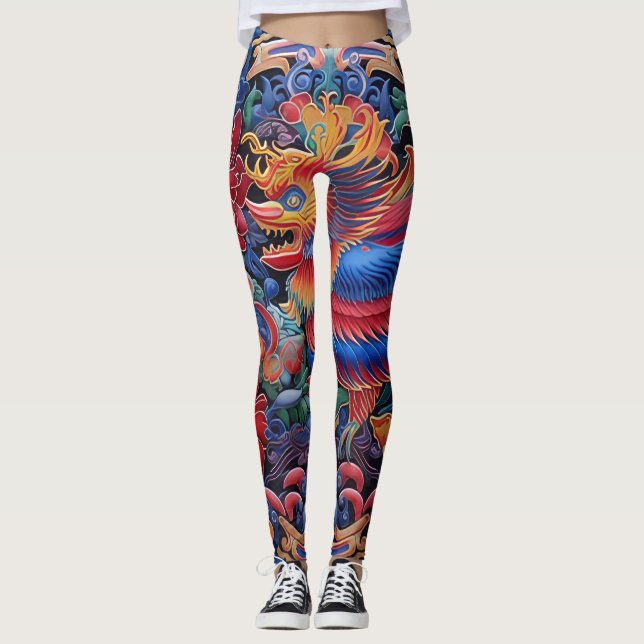 Leggings Coloridas piernas de patrones étnicos de dragón (Anverso)
