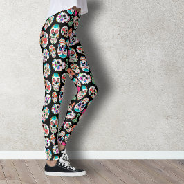 Leggings Colorido patrón de cráneos de azúcar en negro