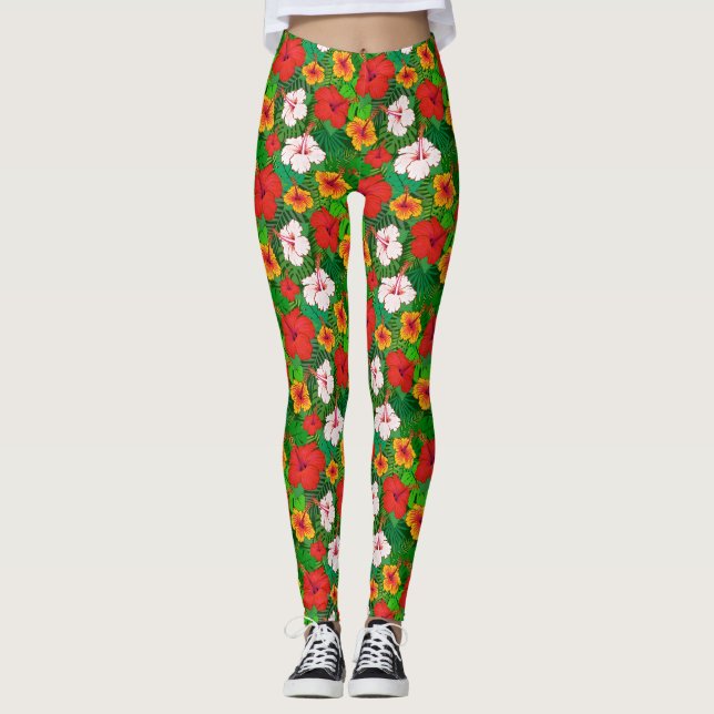 Leggings Colorido viaje tropical hawaiano de flores hibiscu (Anverso)