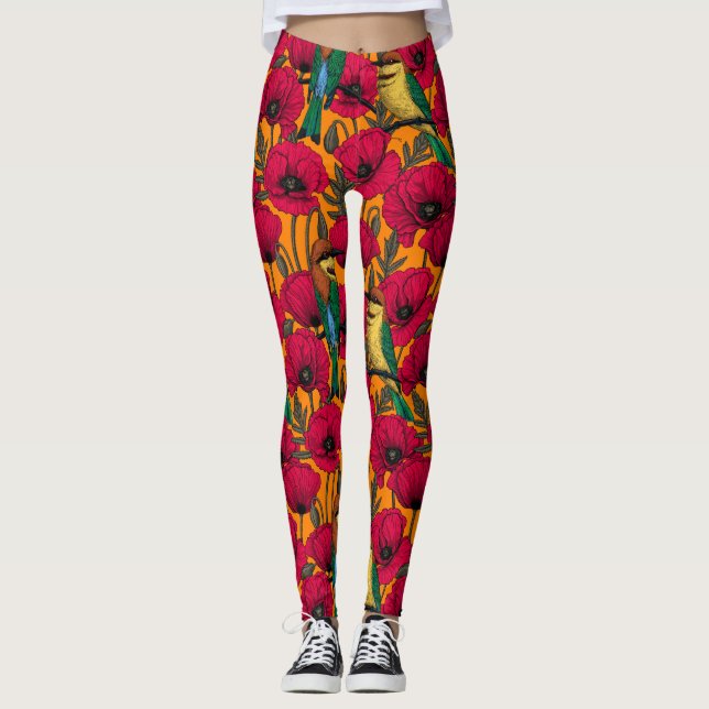 Leggings Comedores de abejas y amapolas en naranja (Anverso)