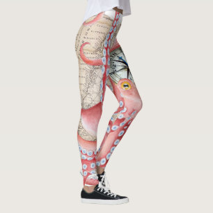 Leggings Compass de mapa de cosecha de pulpo rojo