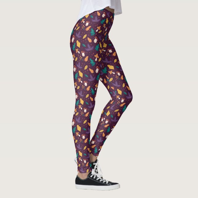 Leggings con patrón de hoja de hongo morado elegan (Derecha)