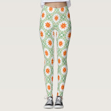 Leggings con patrón de hoja floral verde y naranja
