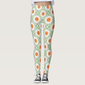 Leggings con patrón de hoja floral verde y naranja
