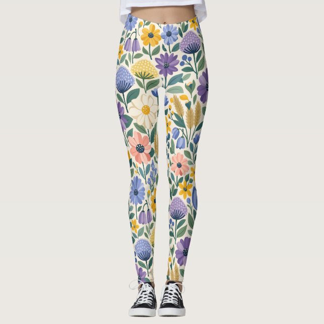 Leggings con patrón floral botánico de prado de ve (Anverso)