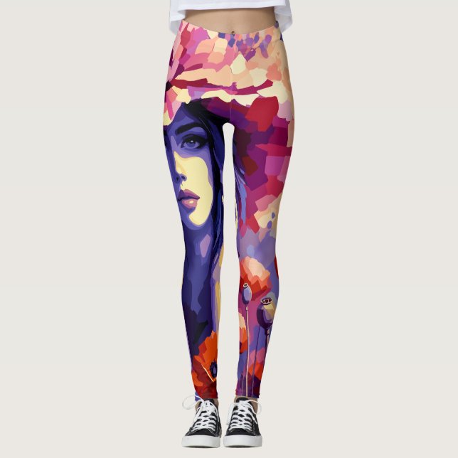 Leggings con retrato de mujer abstracta y arte flo (Anverso)