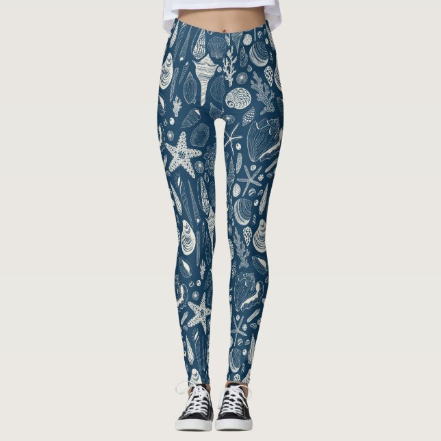 Leggings Conchas marinas sobre azul oscuro (Anverso)