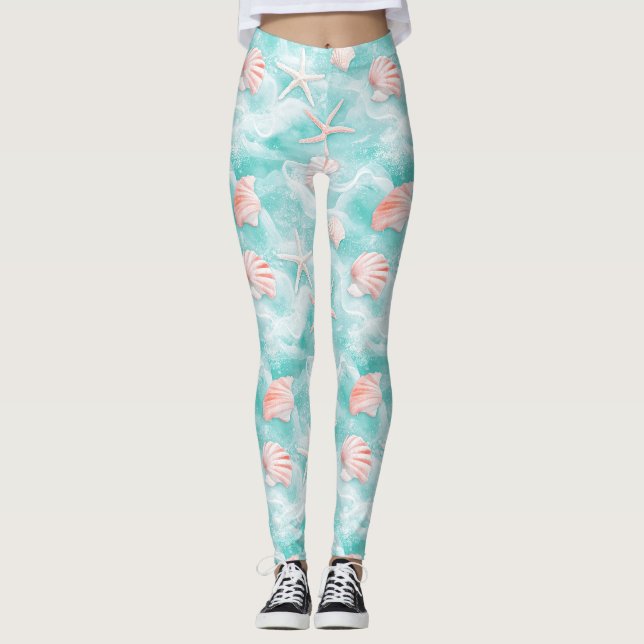Leggings Conchas y olas del océano Patrón (1) (Anverso)