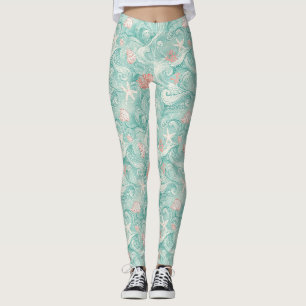 Leggings Conchas y olas del océano Patrón (3)