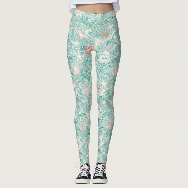 Leggings Conchas y olas del océano Patrón (3) (Anverso)