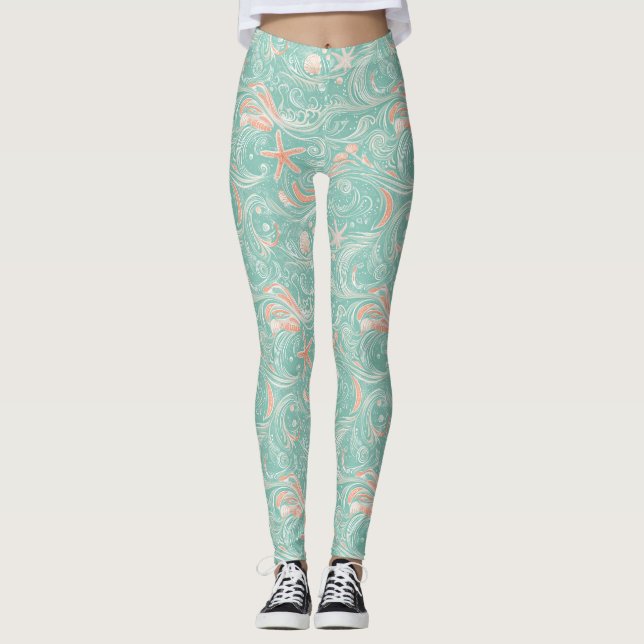 Leggings Conchas y olas del océano Patrón (4) (Anverso)